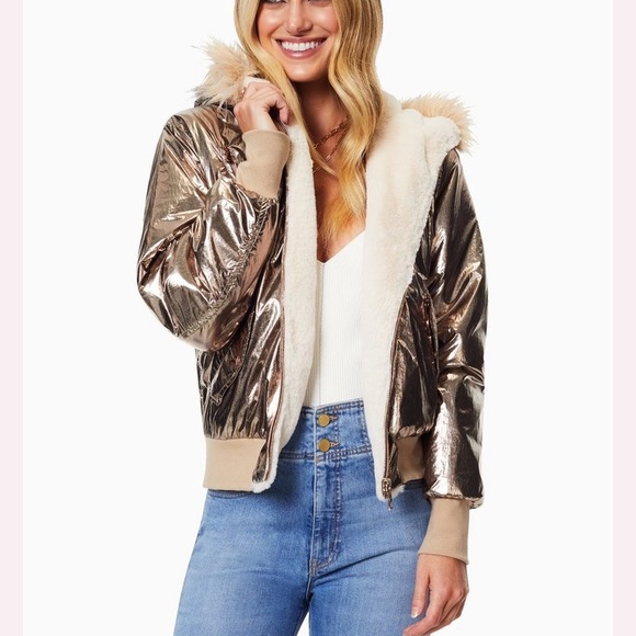 Ramy Brook Julian Reversible Jacket Faux Fur& Rose Gold Metallic Bomber Small - Picture 4 of 14
